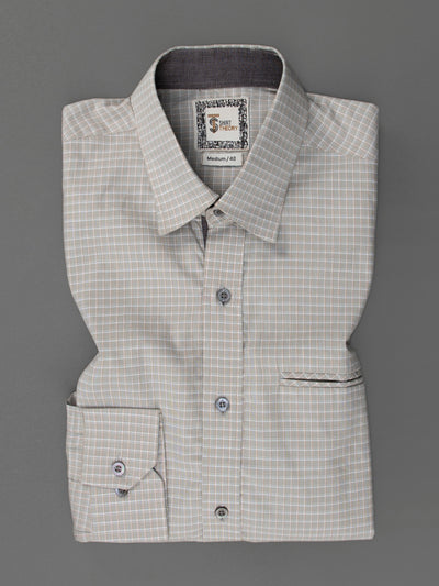 Light Brown Small Check Cotton Casual Shirt