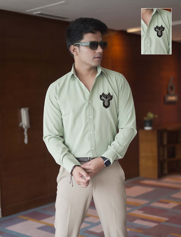 Sage Green Luxe Premium Shirt With Deer Horn Grey Patch