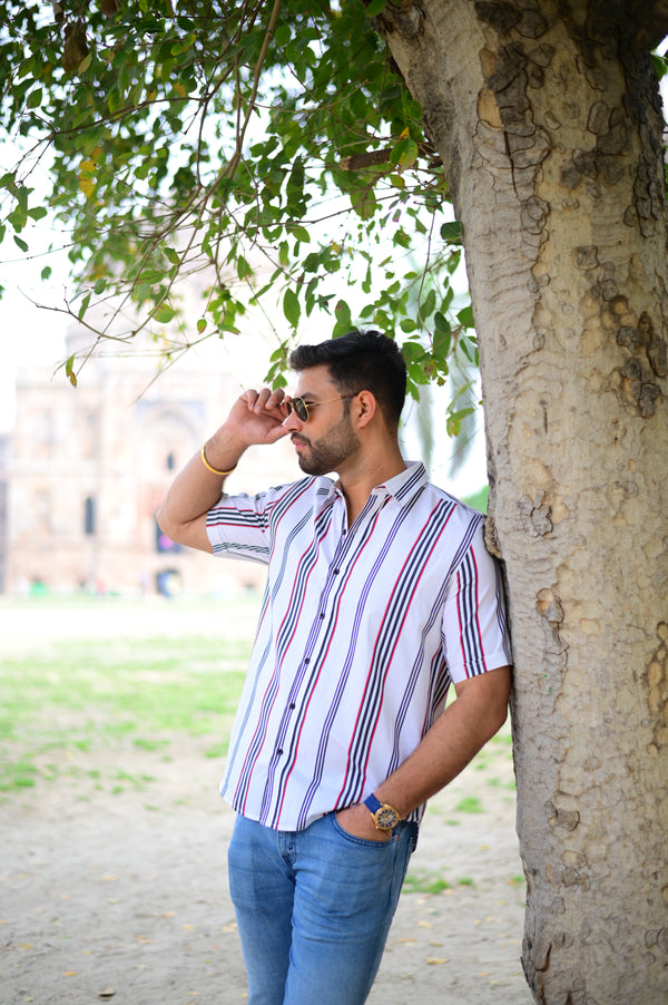 Monochrome Elegance: White Half-Sleeve Shirt with Black and Red Stripes