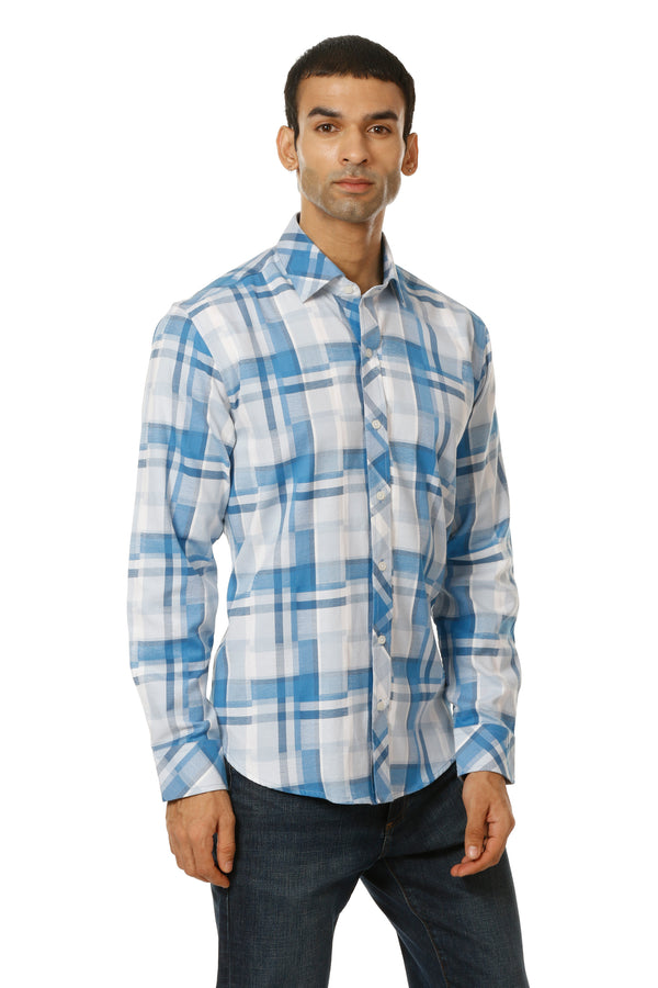 Ocean Blue Checkered Cotton Casual Shirt for Men