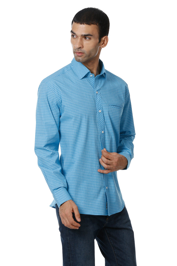 Light Blue Check Cotton Casual Shirt