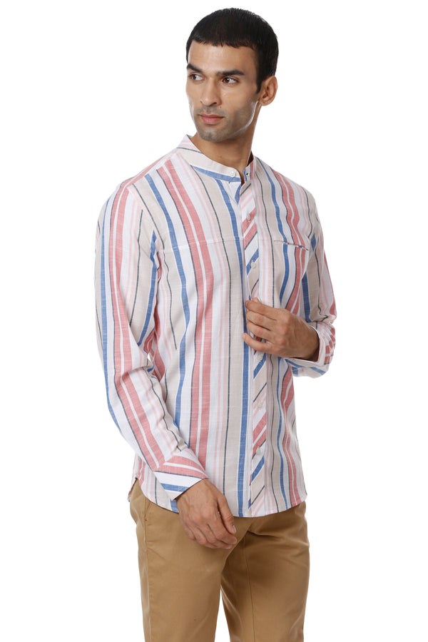 Pink & Blue Striped Cotton Casual Shirt for Men
